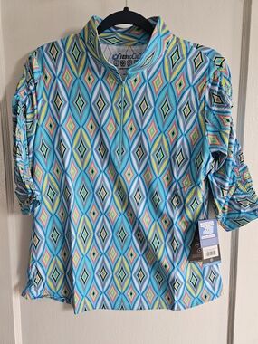IBKUL Geo Diamond Print Quarter-Zip Pullover in Aqua Multi